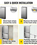 Installation steps for 304 Stainless Steel Shower Niche 12 By 24 By 4 Inches Wall Inset Recessed Shelf in bathroom.