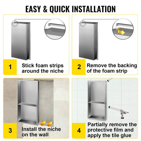 Installation steps for 304 Stainless Steel Shower Niche 12 By 24 By 4 Inches Wall Inset Recessed Shelf in bathroom.