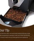 Kickstart Your Daily Grind With This Precision Home Electric Coffee Roaster featuring fresh roasted coffee beans in a black hopper.