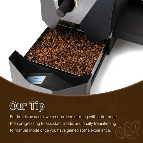 Kickstart Your Daily Grind With This Precision Home Electric Coffee Roaster featuring fresh roasted coffee beans in a black hopper.