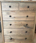 Legit Rusted Aging Wood Stain Delivers Hella Authentic Weathered Brown And Gray Patina for a wood dresser with black knobs.