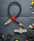 Top Rated Premium Boss Level European Cylinder Pressure Hose Rubber Alloy For Engine Leak Test Quick Connect No Leak Setup Fits Air Compressor And Auto Diagnostic Tools Easy Install Heavy Duty Performance For Garage Crew. Black rubber alloy hose with brass quick-connect fittings for engine leak test.