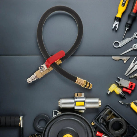 Top Rated Premium Boss Level European Cylinder Pressure Hose Rubber Alloy For Engine Leak Test Quick Connect No Leak Setup Fits Air Compressor And Auto Diagnostic Tools Easy Install Heavy Duty Performance For Garage Crew. Black rubber alloy hose with brass quick-connect fittings for engine leak test.