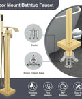 Gold Polished Floor Mounted Tub Filler Faucet With Handheld Sprayer, Stainless Steel Base, Bathroom Installation.