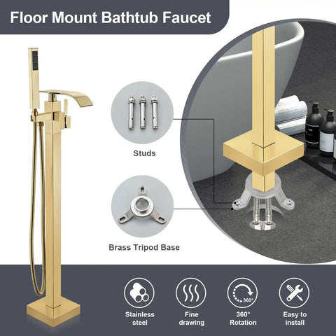 Gold Polished Floor Mounted Tub Filler Faucet With Handheld Sprayer, Stainless Steel Base, Bathroom Installation.