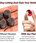 Comparison of dirty wire pads versus Welding Wire Cleaner Pads Red Felt Lubricator Pads For Wire Feeders 12 Pack held in hand
