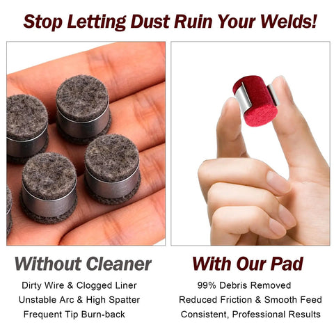 Comparison of dirty wire pads versus Welding Wire Cleaner Pads Red Felt Lubricator Pads For Wire Feeders 12 Pack held in hand