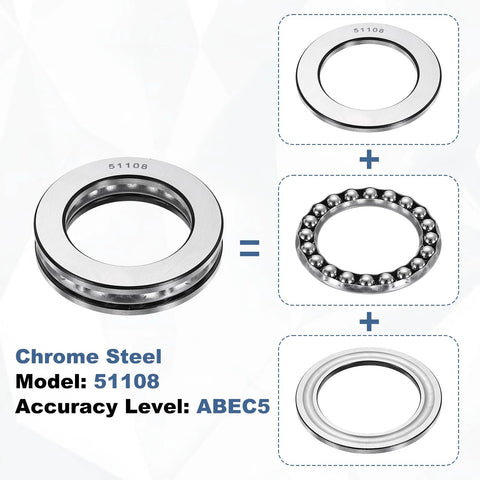 Two uxcell thrust ball bearings, 51108, chrome steel, 40mm bore, 60mm OD, 13mm thick, ABEC5