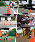 Two Pack 18 Inch Collapsible Traffic Safety Cones with Reflective Collar used in various scenarios like parking and training
