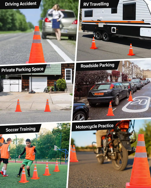 Two Pack 18 Inch Collapsible Traffic Safety Cones with Reflective Collar used in various scenarios like parking and training