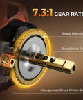 Close-up of Lethal Blaze Twin Tip Casting Combo brass gears with 7.3:1 gear ratio, showcasing the brass main gear, shaft, and pinion gear.