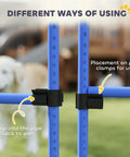 Close-up of 4 Piece Dog Agility Jump Set With Adjustable Heights on grass, showing blue PVC poles and snap-in clamps.