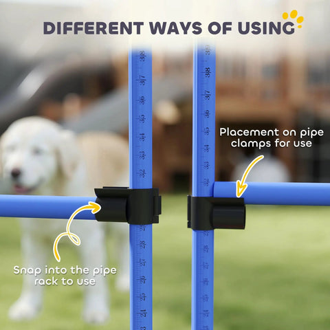 Close-up of 4 Piece Dog Agility Jump Set With Adjustable Heights on grass, showing blue PVC poles and snap-in clamps.