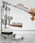 Portable Manual Espresso Maker with wood handle, stainless steel body, brewing Italian espresso via manual pressure changing.