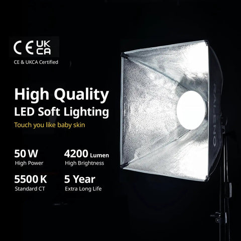 Compact 16x16 Softbox Lighting Kit With LED Bulb for TikTok and Video, showcasing 50W LED and 5500K daylight features.