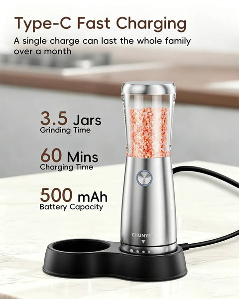 Sleek Stainless Steel Electric Salt And Pepper Grinder Set With Led Light, Adjustable Coarseness, Rechargeable Battery, Storage Base, Premium Automated Spice Mill For Modern Kitchen Gadgets with Type-C charging features.