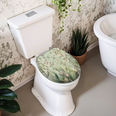 Round Peacock White Heron Blooming Garden Cherry Blossoms Toilet Seat on a white toilet in a floral bathroom setting.