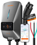 Level 2 EV Charger 48 Amp With Smart Display And WiFi 25 Foot Cable Indoor Outdoor Hardwired 240V Home Charging Station RFID Access Fast 9X More Than Level 1 EV Chargers shown with app control and charging cables.