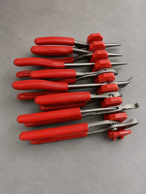 Set of pliers with red handles in Modular Magnetic Pliers Organizer With Adjustable Tool Holder Rack For Pliers Cutters Wrenches And Hand Tools, Garage Workbench Storage Made To Tidy Up Your Space, Grab And Go, Space Saving Green