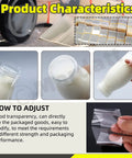 Product characteristics of 1250 Pcs Clear PVC Heat Shrink Bands displaying different sizes and usage for sealing bottles.