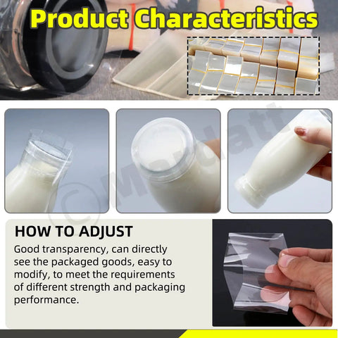 Product characteristics of 1250 Pcs Clear PVC Heat Shrink Bands displaying different sizes and usage for sealing bottles.