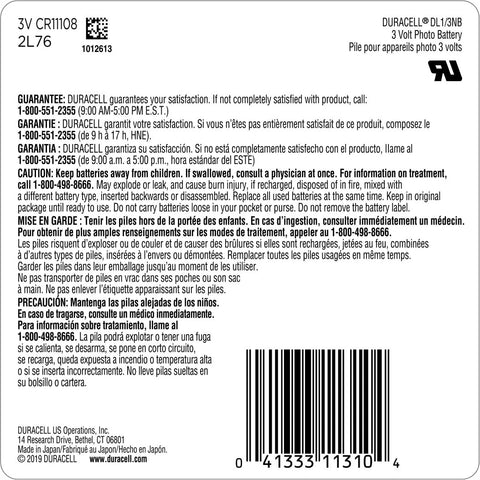 Product label for Straight Up CR123A 3V Lithium Batteries with instructions and warranty information.