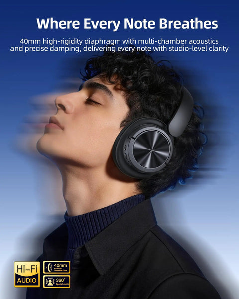 Person wearing Hybrid Active Noise Canceling Wireless Headphones With 120-Hour Battery Life Bluetooth 6.0 Over-Ear Headphones, Black