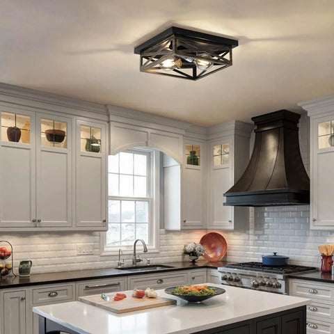 Kitchen with 2 Pack Rustic Flush Mount Ceiling Light Fixtures With Industrial Metal Cage Design, Modern Farmhouse Style, 5 Minute Install