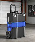 3 Tier Rolling Tool Box With Wheels Portable Stackable Garage Organizer Set in a garage with removable cup holder, 20 W X 12 D X 35 H