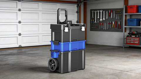 3 Tier Rolling Tool Box With Wheels Portable Stackable Garage Organizer Set in a garage with removable cup holder, 20 W X 12 D X 35 H