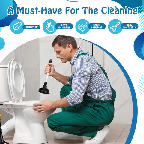 A man using Heavy Duty Bulk Toilet Plungers 10 Pack Rubber Suction Cup Drain Pump With Plastic Handle Clog Remover Bathroom Supply.
