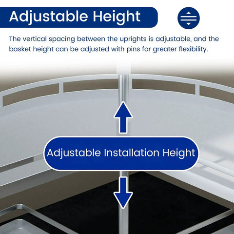 Two Tier Rotating Corner Cabinet Shelf With 360 Degree Swivel For Kitchen Pantry And Bathroom showing adjustable height feature.