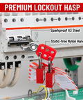 Rugged Lockout Tagout Station Kit with 61 Piece LOTO Set including hasps and safety locks on control panel