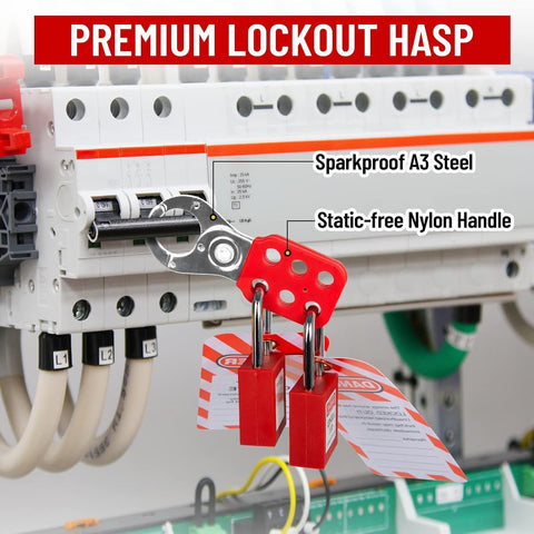 Rugged Lockout Tagout Station Kit with 61 Piece LOTO Set including hasps and safety locks on control panel