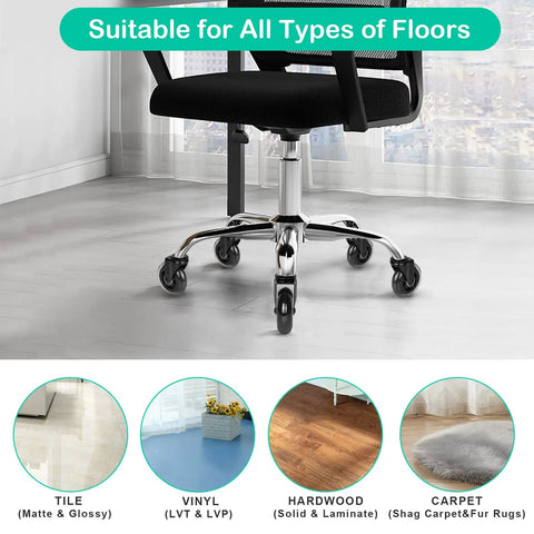 Dead Quiet 3 Inch Office Chair Casters With Standard 5/16 Thread Coarse Stem in use on various floor types.