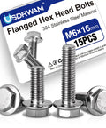 15 Pack M6 1.0 x 16mm Flange Bolts Full Thread Serrated Hex Head 304 Stainless Steel For Machinery Automotive Equipment