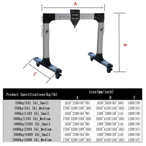Heavy Duty Portable Aluminum Gantry Crane Kickin Out A Badass 4409 Pound Lift Capacity with adjustable size specifications.