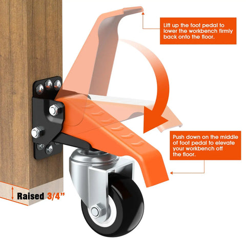 Retractable Caster Wheels Kit For Workbench 660 Lbs Capacity showing side mount caster and foot pedal mechanism