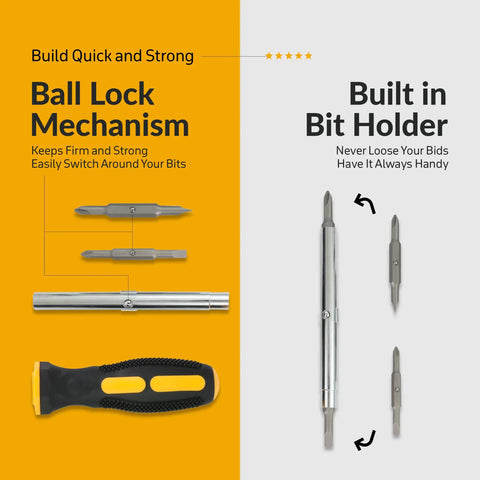 Six In One Screwdriver Kit With Comfortable Non Slip Grip Built In Bit Holder showing handle and interchangeable bits