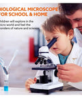Child using Awesome High Power Biological Microscope For Kids, Students, And Adults with adult's guidance, focus on exploration.