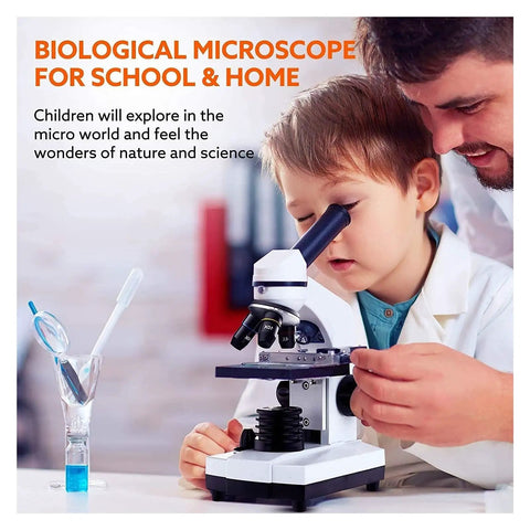 Child using Awesome High Power Biological Microscope For Kids, Students, And Adults with adult's guidance, focus on exploration.