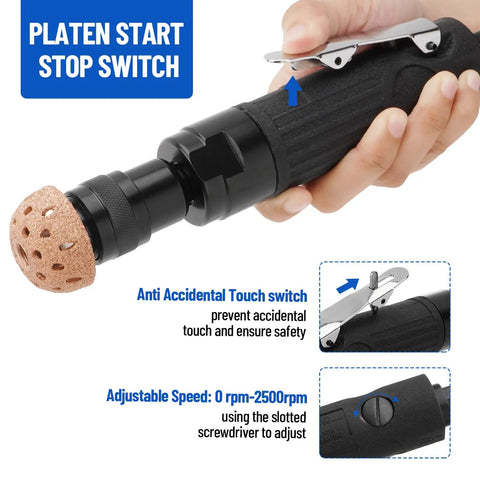 Close-up of Air Tire Repair And Polishing Kit with 2500 RPM buffer, highlighting start stop switch and safety features.