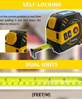 2-In-1 Laser Tape Measure With 262ft Range, Digital LCD Display, rechargeable, showing self-locking feature and dual units.