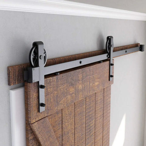 Heavy Duty 5 Foot Sliding Barn Door Hardware Kit For 4 To 18 Foot Rails Black Solid Steel That Runs Smoothly And Quietly Easy Install Fits 30 Inch Wide Panels Up To 220 Lb Capacity Beefy Industrial Bigwheel Hangers