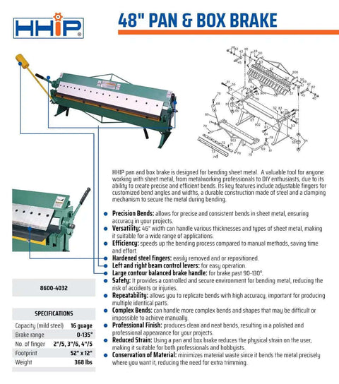 Beefy 48 Inch Sheet Metal Pan And Box Brake For 16 Gauge Steel And 11 Gauge Aluminum With Hardened Steel Box Fingers.