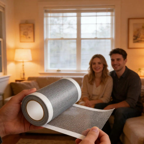 DIY Window Screen Repair Tape Waterproof Mesh Patch roll held in hands, suitable for home, bedroom, living room repairs