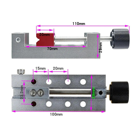 Solid Industrial Vise Bench Tool With 100mm Aluminum Flat Nose Jaws Perfect For DIY Engraving And Machining Projects with detailed size measurements.