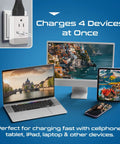 Go To Travel Plug Adapter With USB C And USB Ports, Two USA Sockets, Fast Charging PD QC 3.0, connected to multiple devices