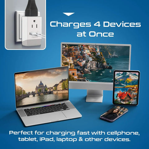 Go To Travel Plug Adapter With USB C And USB Ports, Two USA Sockets, Fast Charging PD QC 3.0, connected to multiple devices
