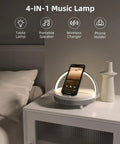 4 In 1 Bedside Lamp With Bluetooth Speaker Dimmable Night Light Charging Station And Phone Holder on nightstand